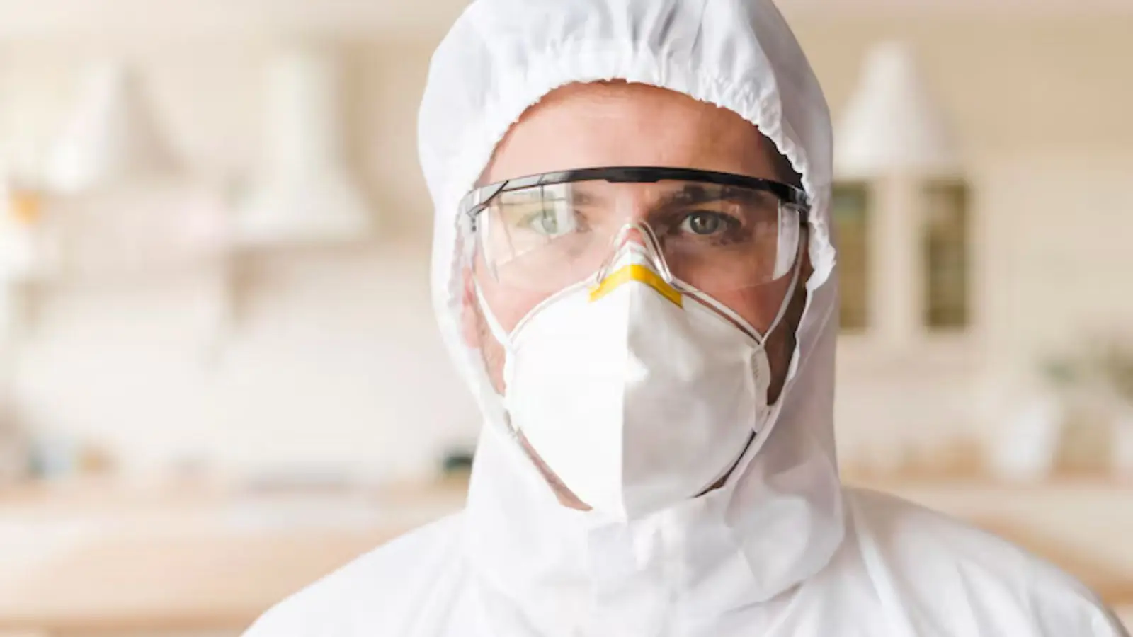 Mold removal specialist in a hooded suit, safety glasses and respirator mask