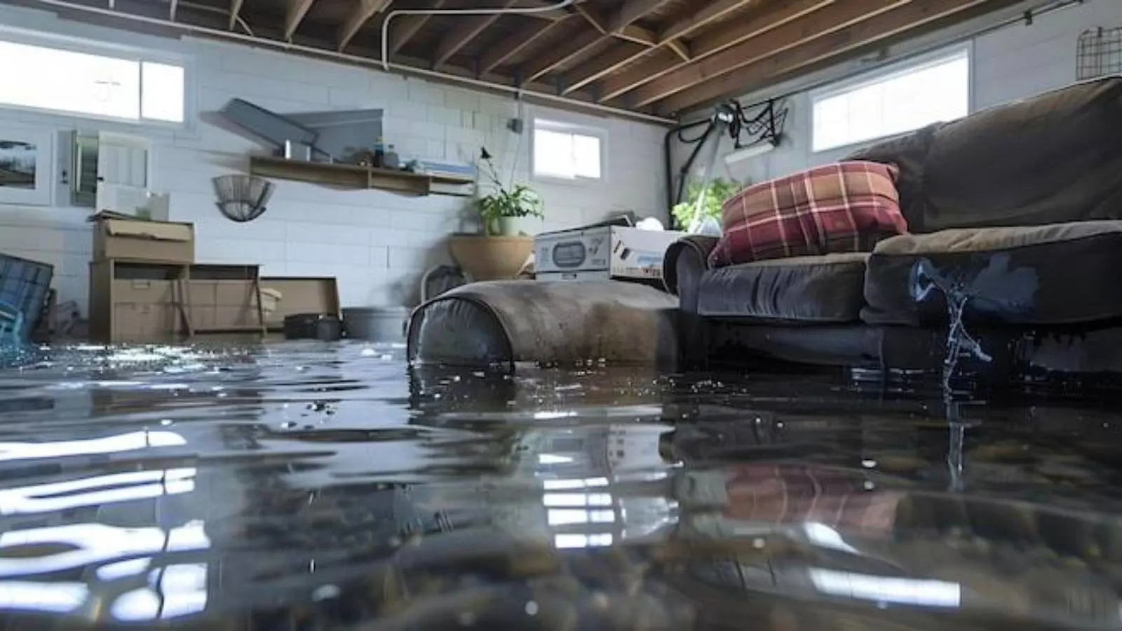 Flooded basement living area with standing water and exposed ceiling joists