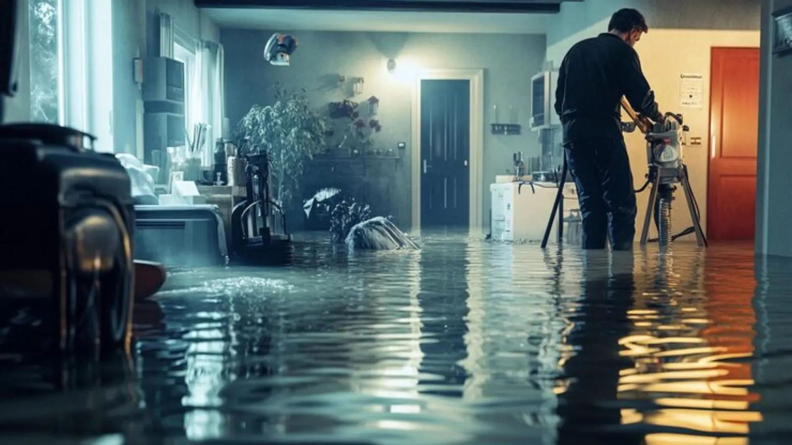 Technician documenting a flooded room with a camera during water mitigation