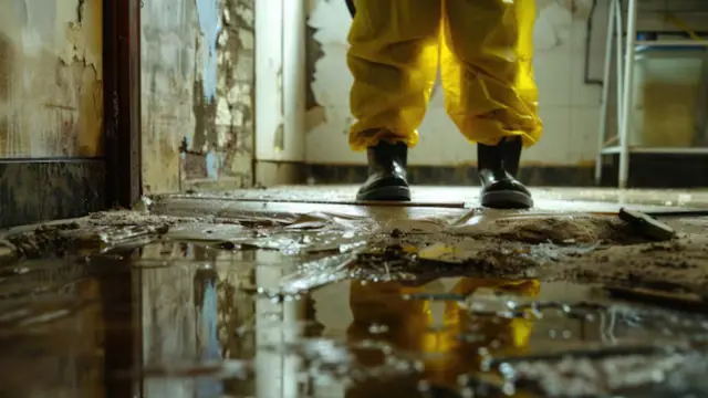Rubber-booted worker standing in mud and dirty water on a basement floor